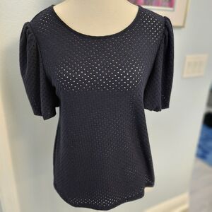 Ann Taylor Factory Navy Eyelet Puff Sleeve Knit Top – Size Small